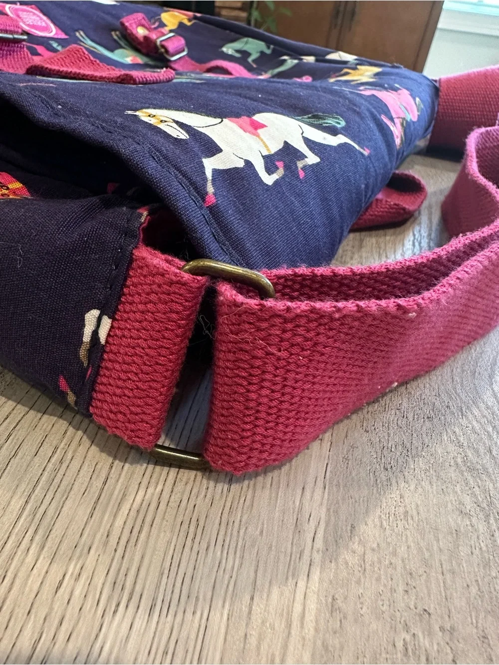 Joules Navy Crossbody Bag with Pink Strap and Multicolor Horse Print